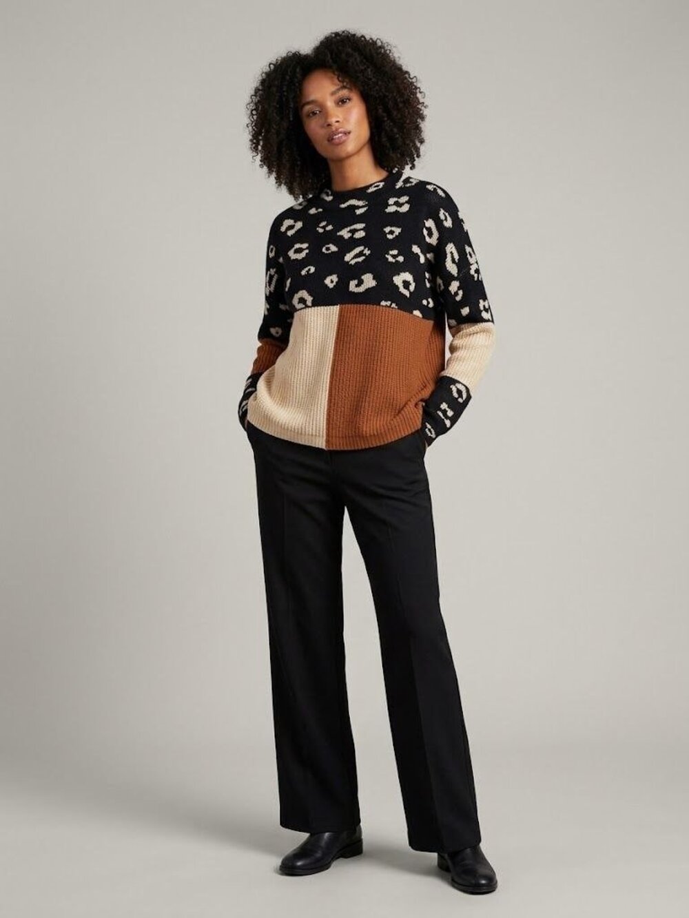 Andree by Unit Womens Sweater S Leopard Print Colorblock Mock Neck Knit Pullover
